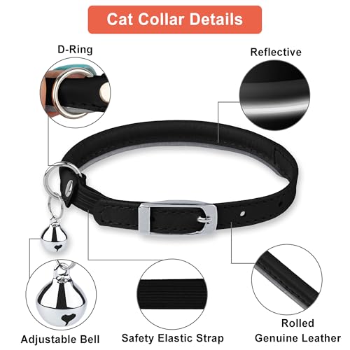 OOPSDOGGY Rolled Leather Cat Collar with Bell, Reflective Kitten Collars with Buckle Include Safety Elastic Strap - Adjustable Small Pet Collars for Boy Girl Cats (Black) - color: Black