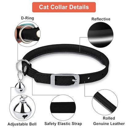 OOPSDOGGY Rolled Leather Cat Collar with Bell, Reflective Kitten Collars with Buckle Include Safety Elastic Strap - Adjustable Small Pet Collars for Boy Girl Cats (Black) - color: Black