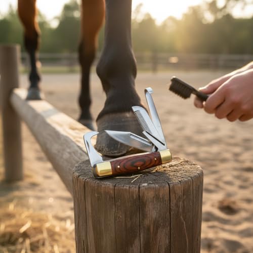 Rite Edge Horse Hoof Care Multitool – Folding Hoof Pick & Equestrian Grooming Tool for Horses and Livestock, Stainless Steel Hoof Cleaning Tool, Wood Handle, Nylon Sheath, Farrier Hoof Care Tool