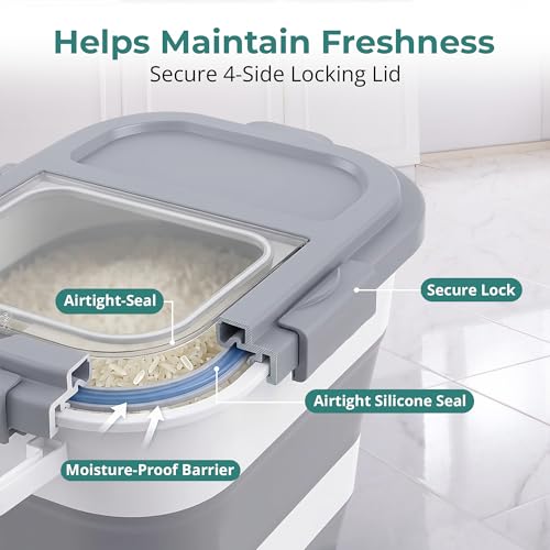 Collapsible Rice Storage Container 25–35 lbs, Airtight, Space-Saving Food Storage Bin with Wheels and Measuring Cup, Easy-Pour Grain Dispenser for Rice, Flour and Pet Food