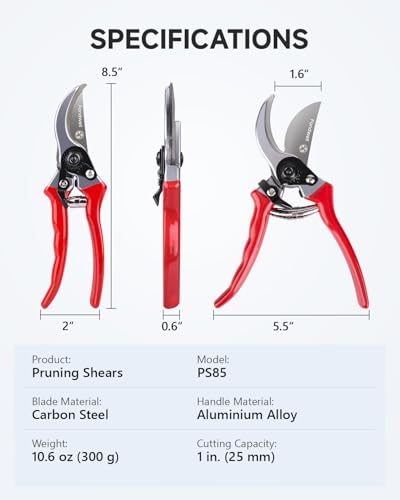 Fondwell 8.5" Professional Hand Pruners Bypass Pruning Shears for Gardening | Heavy Duty Garden Clippers, Cuts 1-Inch Branches, Comfortable Use - Trusted by Professional Landscapers and Nursery Workers - color: Red (Bypass)