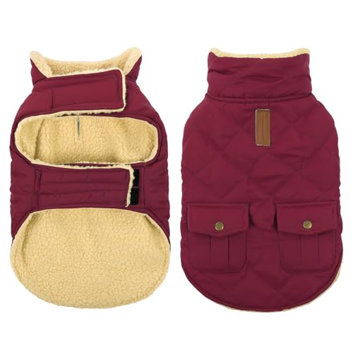 Queenmore Waterproof Small Dog Winter Coat Plush Lining Warm Puffer Jacket - color: Burgundy, size: Small