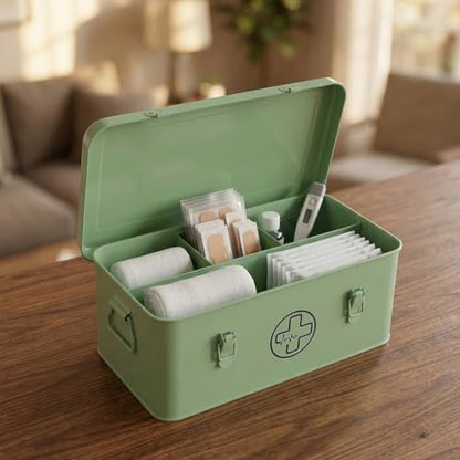 First Aid Medicine Box, First Aid Kit Supplies Bin, Metal Medicine Storage Tin, First Aid Empty Box with Safety Lock for Home Emergency Tool Set-Green - color: Green
