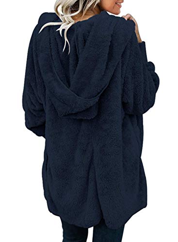 Dokotoo Womens 2025 Winter Long Sleeve Solid Fuzzy Fleece Open Front Hooded Cardigans Jacket Coats Outerwear with Pocket - color: A Navy, size: Medium