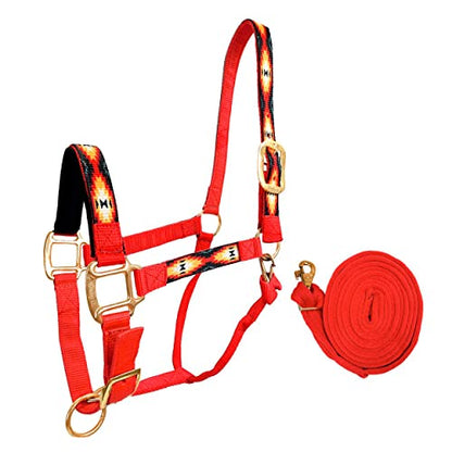 Patterned Nylon Adjustable Horse Halters with Padded Noseband and Matching 10’ Soft Grip Lead Rope with one Year Warranty - color: Red Aztec and Red