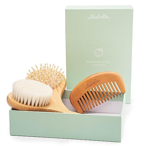Ullabelle 3 Piece Wooden Baby Hair Brush and Comb Set for Newborns & Toddlers in Chic Gift Box - Ultra Soft Natural Goat Hair and Wood Baby Brush Set Prevents Cradle Cap - Perfect Registry Gift (Sage) - color: Sage