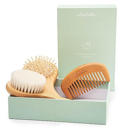 Ullabelle 3 Piece Wooden Baby Hair Brush and Comb Set for Newborns & Toddlers in Chic Gift Box - Ultra Soft Natural Goat Hair and Wood Baby Brush Set Prevents Cradle Cap - Perfect Registry Gift (Sage) - color: Sage