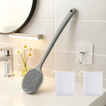 Silicone Body Scrubber for Shower Men Women – Dual-Sided Exfoliating & Massage Shower Brush with Long Handle, Creates Rich Lather, Includes 1 Hook & 2 Lather Balls (Gray). - color: Gray