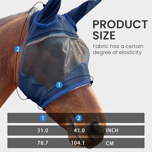 Fly Mask for Horse with Ears Adjustable UV Protection, Full Face Fly Masks for Horses for Daily Breathable Comfort Fit Riding & Competition(Navy, Large)