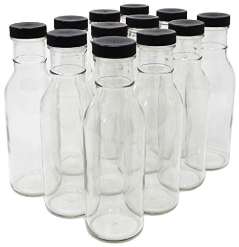 nicebottles Clear Glass Beverage/Sauce Bottles, 12 Oz, Black Caps - Case of 12 - color: Black Caps, size: 12 x 12oz