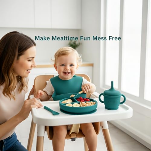 Silicone Baby Feeding Set, Suction Plates Bowls Bibs for Self Feeding Green | Baby Led Weaning, BPA-Free Suction Plates and Bowls, Baby Spoons Forks, Independent Eating, Easy Clean - color: Green Spruce