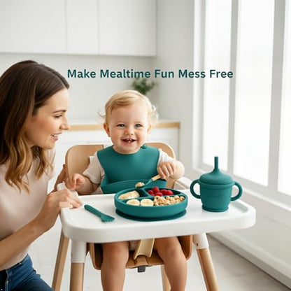 Silicone Baby Feeding Set, Suction Plates Bowls Bibs for Self Feeding Green | Baby Led Weaning, BPA-Free Suction Plates and Bowls, Baby Spoons Forks, Independent Eating, Easy Clean - color: Green Spruce