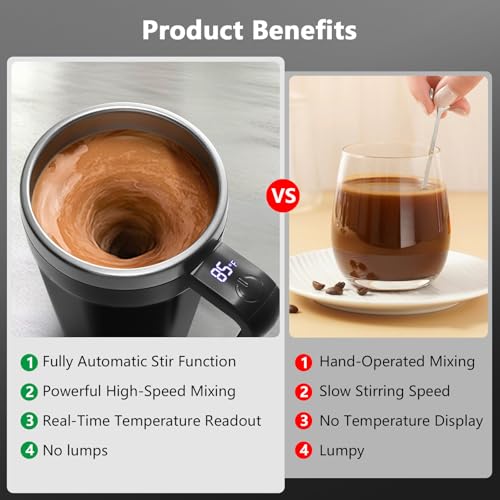 Self Stirring Coffee Mug with Temperature Display, 18 oz Rechargeable Self Stirring Mug with Lid, Automatic Self Stirring Cup, Coffee Mug with Stainless Steel for Coffee, Milk, Beverages, Black - color: Black