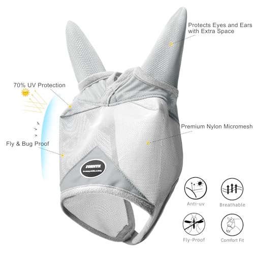 Horse Fly Mask with Ears, UV Block Breathable Mesh (Grey, L) | Large Eye Space, No Rub, High-Vis Color, Stay-in-Place Strap, Durable Mesh, Turnout Pasture & Daily Use - size: L