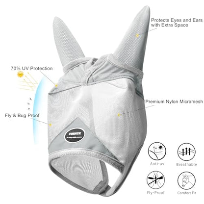 Horse Fly Mask with Ears, UV Block Breathable Mesh (Grey, M) | Large Eye Space, No Rub, High-Vis Color, Stay-in-Place Strap, Durable Mesh, Turnout Pasture & Daily Use - size: M