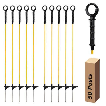 50Pack Ring-Top Step in Fence Post for Electric Fencing,Yellow