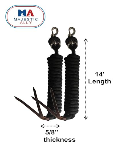 Majestic Ally 14' Pack of 2 Poly Training Lead Rope with Leather Popper for Horses & Livestock – 14 Foot Long and 5/8 inch Thick - Replaceable Heavy-Duty Bolt Snap (Royal Blue) - color: Royal Blue
