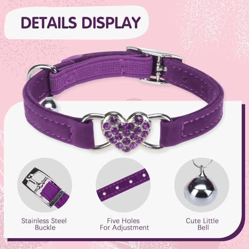 BINGPET Diamond Cat Collar with Bell, Adjustable Kitten Collar, Purple&Pink - color: Pink & Purple(Heart), size: Neck Girth 8"-10"