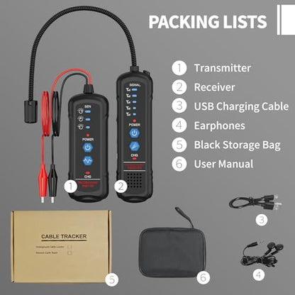 Underground Wire Locator & Cable Tracer - Detect Buried Wires, Power Cables, Telephone Lines, Dog Fence Wires up to 6.5ft Deep, with Adjustable Sensitivity, Headphones & Rechargeable Battery