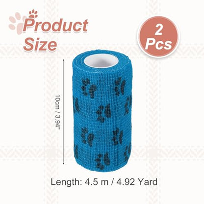 Pet Wrap Bandages, 4 Inch 5 Yard Self Adhesive Bandage Wrap, Pet Non-Woven Tape First Aid Cohesive Gauze, (Light Blue/Paw, 2 Pcs), Intended for Dog/Cat/Bird/Legs/Paws/Wound - color: Light Blue, size: 4 inch