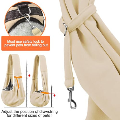 Tomkas Small Dog Cat Sling Carrier Puppy Purse Travel Wrap Soft Crossbody Pet Bag (Cream, M - Classic Pocket & Classic Strap) - color: Cream