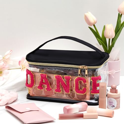 Geetery Medicine Pill Bag Clear Cosmetic Makeup Bag with Zipper Black | Transparent PVC with Nylon Trim, Chenille Dance Patch, Portable Travel Organizer for Pills Cosmetics, Gold Zipper - color: Black, style: Dance