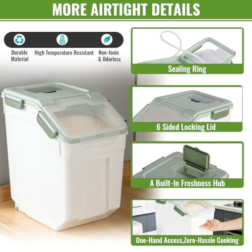 2 Pack Rice Container 50 lbs Large Bulk Flour Sugar Storage Holdhouse Plastic Grain Cereal Dry Goods Bin with Spoon and Measuring Cup for Kitchen Pantry Organization - Green - color: Green