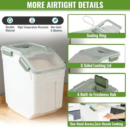 2 Pack Rice Container 50 lbs Large Bulk Flour Sugar Storage Holdhouse Plastic Grain Cereal Dry Goods Bin with Spoon and Measuring Cup for Kitchen Pantry Organization - Green - color: Green