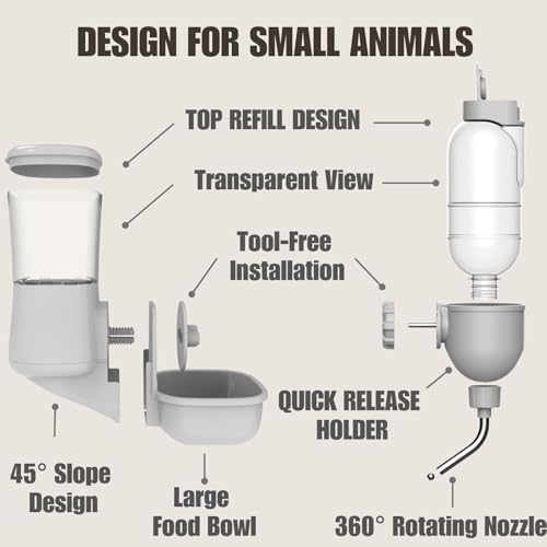 Automatic Pet Food Water Dispenser, Auto Gravity Pet Feeder Water Bottle Set for Crate Cage for Puppy Cat Rabbit Guinea Pigs Chinchilla Ferret Hedgehog (Grey) - color: Grey
