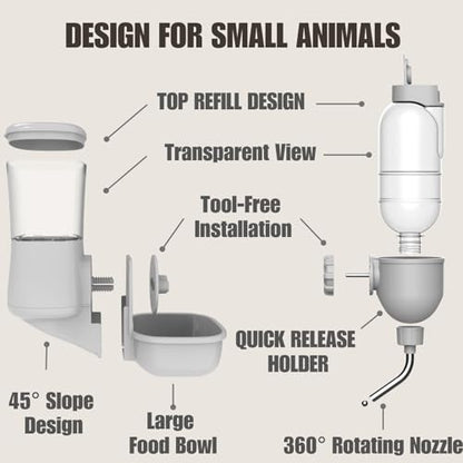 Automatic Pet Food Water Dispenser, Auto Gravity Pet Feeder Water Bottle Set for Crate Cage for Puppy Cat Rabbit Guinea Pigs Chinchilla Ferret Hedgehog (Grey) - color: Grey