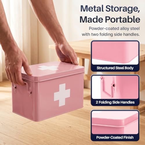 Flexzion Large Metal First Aid Box Empty, 13-Inch, Pink with White Cross - color: Pink, size: 13 Inch without Latch Lock