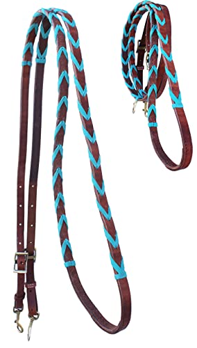 CHALLENGER 8' Horse Western Leather Latigo Laced Barrel Contest Reins 66RT10 - color: Turquoise