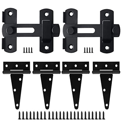 Barn Gate Latch Hardware Kit,2 Latch+4 Hinges,Stainless Steel Black