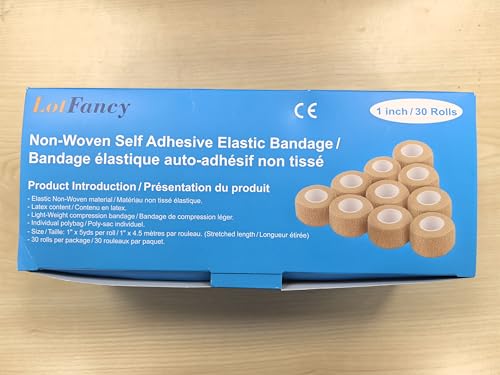 LotFancy Self Adhesive Tape, 30 Pack, 1 inch x 5 Yards, Self Adhesive Bandage Wrap, Elastic Stretch Cohesive Bandage, First Aid Medical Tape for Finger, Ankle, Knee & Wrist Sprains &Swelling