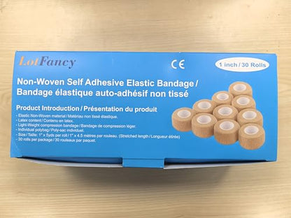 LotFancy Self Adhesive Tape, 30 Pack, 1 inch x 5 Yards, Self Adhesive Bandage Wrap, Elastic Stretch Cohesive Bandage, First Aid Medical Tape for Finger, Ankle, Knee & Wrist Sprains &Swelling