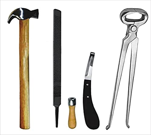 Farrier Hoof Trimming Kit 4 PCS – 15" Hoof Nippers, Hoof Rasp, Knife & Wood Hammer for Horses,Complete Hoof Care Tools Set