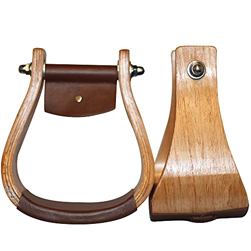 HILASON Oakwood Horse Saddle Stirrups Pair W/Leather Bottom Western | Aluminum Wooden Endurance Angled Padded