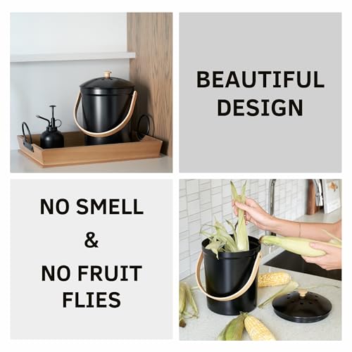 Beautiful Kitchen Compost Bin with Smell Proof Lid for Your Countertop - color: Black
