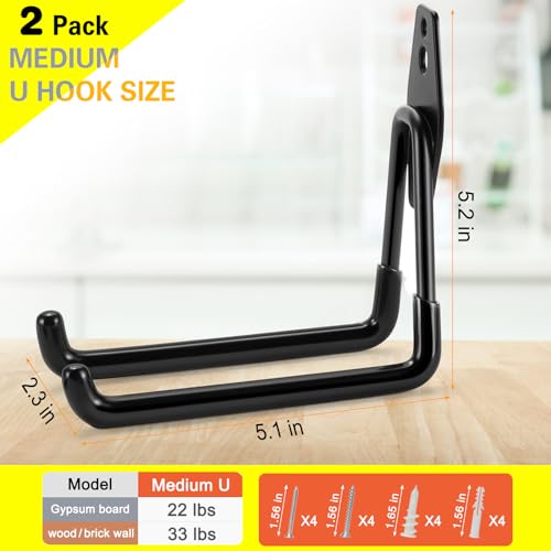 2 Pack Garage Hooks Heavy Duty Storage Organizer Wall Mount Power and Garden Tool Hangers, for Hanging Ladders, Ropes, Hose, Bulk Items - color: Black 2 pack