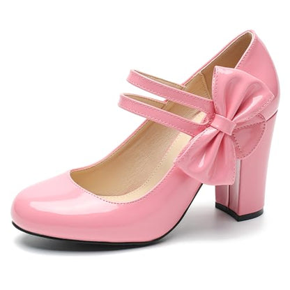 fereshte Women's Mary Jane Pumps with Bow, Double Strap, 3.54 Inch Chunky Block Heel Dress Shoes - color: Pink Patent, size: 9