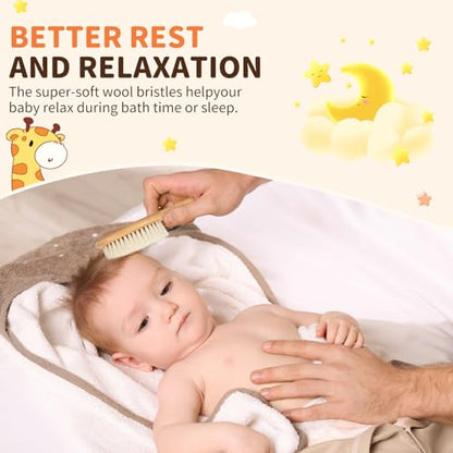 4 Pack Wooden Baby Hair Brush Set, Baby Brush and Comb Set with Soft Goat Bristle, Cradle Cap Brush for Newborns & Toddlers, Perfect Baby Registry Gift