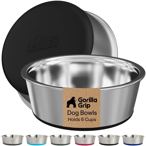 GORILLA GRIP Dog Bowls, Food Grade Stainless Steel, Set of 2, 6 Cup, Black | 304 Stainless Steel Pet Feeding Bowls Hold 48 fl oz Each, Dishwasher Safe, Rust Resistant, BPA Free Rubber Base - color: Black, size: 6 Cup (48 Oz)