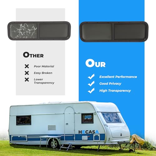 HECASA Universal 42" W X 12" H RV Window Horizontal Slide W/Trim Ring and Net Screen Side Window Tinted Tempered Glass Fit for Teardrop Cargo Trailer, Camper, Van, Truck - size: 42" W x 12" H