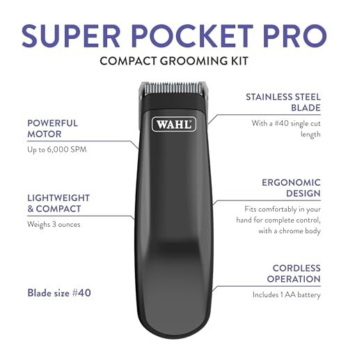 Wahl Professional Animal Super Pocket Pro Trimmer Kit, Black Chrome | Chrome Body, Ergonomic Design for Complete Control, Ideal for Face, Ears and Paw Touch-Ups, Small for Concealed Trimming