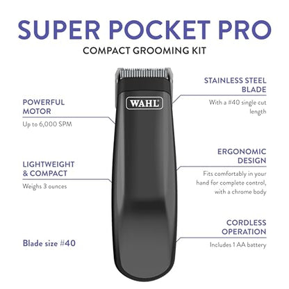 Wahl Professional Animal Super Pocket Pro Trimmer Kit, Black Chrome | Chrome Body, Ergonomic Design for Complete Control, Ideal for Face, Ears and Paw Touch-Ups, Small for Concealed Trimming