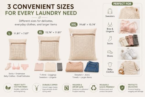6-Pack Laundry Bags, Durable Cotton Mesh with Sturdy Zipper, Breathable Mesh Fabric, Ideal for Washing Underwear, Pants, Shoes, Socks and Delicate Garments - color: Beige, size: 19.6"L x 15.7"W x 0.2"H