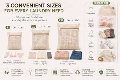 6-Pack Laundry Bags, Durable Cotton Mesh with Sturdy Zipper, Breathable Mesh Fabric, Ideal for Washing Underwear, Pants, Shoes, Socks and Delicate Garments - color: Beige, size: 19.6"L x 15.7"W x 0.2"H