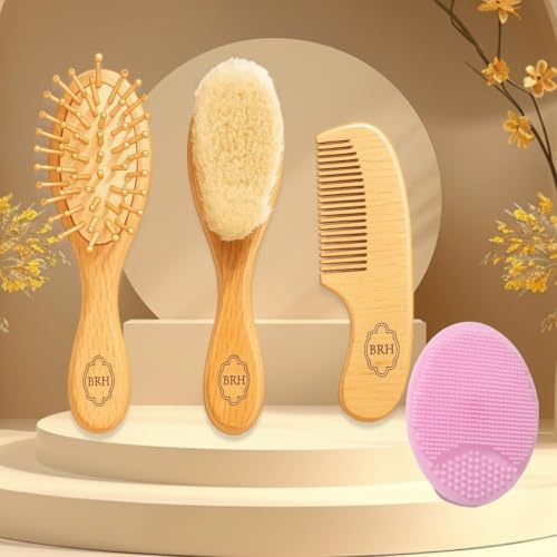 BRH 4 Piece Wooden Baby Hair Brush and Comb Set, Wooden Baby Care Kit with Soft Goat Bristle Brush,Baby Massage Brush, Baby Essentials Girl –Baby Hair Care Set for Newborn boy & Girls
