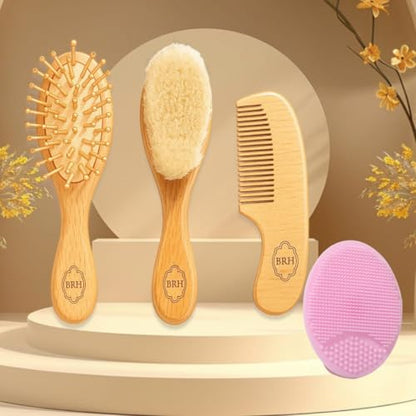BRH 4 Piece Wooden Baby Hair Brush and Comb Set, Wooden Baby Care Kit with Soft Goat Bristle Brush,Baby Massage Brush, Baby Essentials Girl –Baby Hair Care Set for Newborn boy & Girls