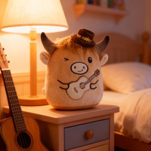 Highland Cow Stuffed Animal, 8 Inch Cute Country Cow Plush Toy with Guitar and Cowboy Hat, Soft Kawaii Plushie Pillow Gifts for Kids Boys Girls, Farm Animal Decor for Christmas Birthday Holiday - style: Country Cow